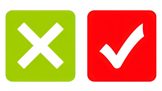 Green square with a white X and red square with a white checkmark, side by side, isolated on transparent background