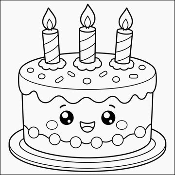 Black and white line art coloring page of a cute kawaii birthday cake with three lit candles and a smiling face, for children to color. Great printable activity for preschoolers.