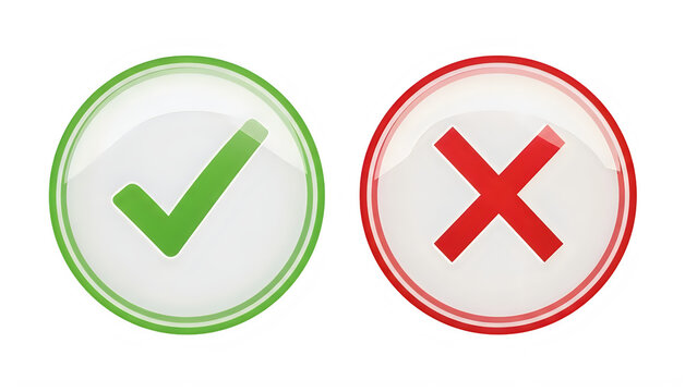 Green check mark and red cross symbol indicating approval and rejection isolated on transparent background