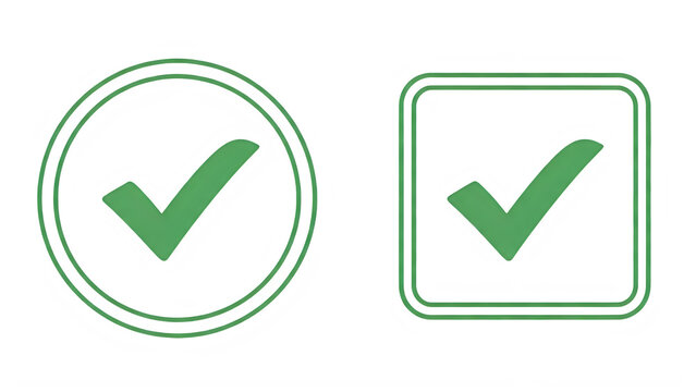 Two green check marks in circular and square shapes, indicating approval or success, isolated on transparent background
