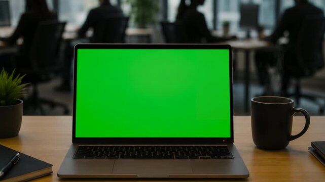 Office green screen laptop and steaming coffee