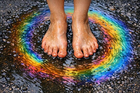 A person standing in a puddle of water, possibly after rain or with a splash effect