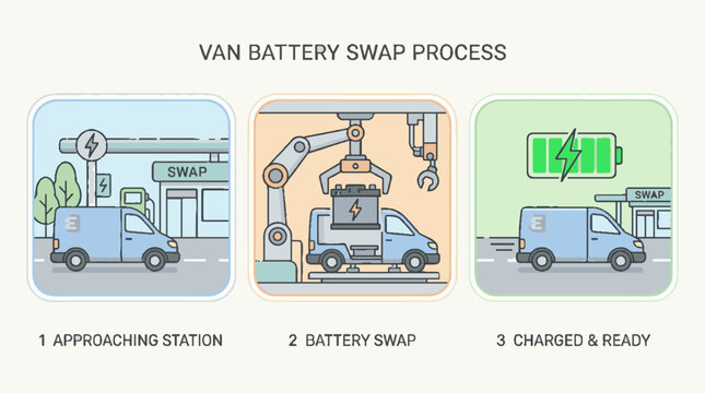 Infographic showing the three steps of an electric van battery swap process.