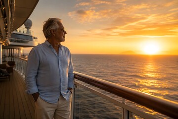 Fototapeta premium Senior man watching a beautiful sunset over the ocean from the deck of a cruise ship, reflecting on life's journey and the adventures ahead
