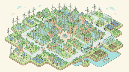 Fototapeta premium Isometric illustration of a sustainable eco-friendly city with green technology.