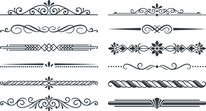 Elegant black ornamental dividers with filigree scrolls and symmetrical flourishes design.