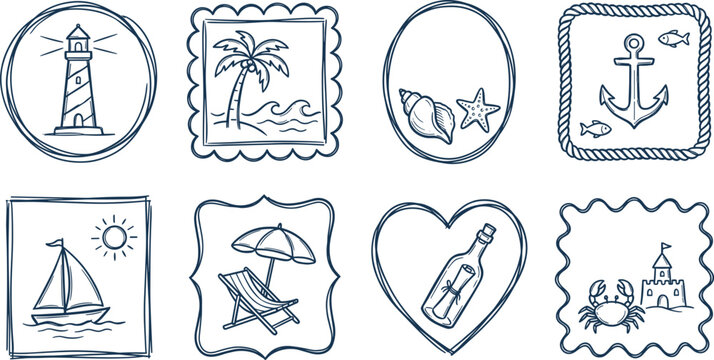 Nautical beach frames collection with lighthouse palm tree anchor sailboat and sea shells.