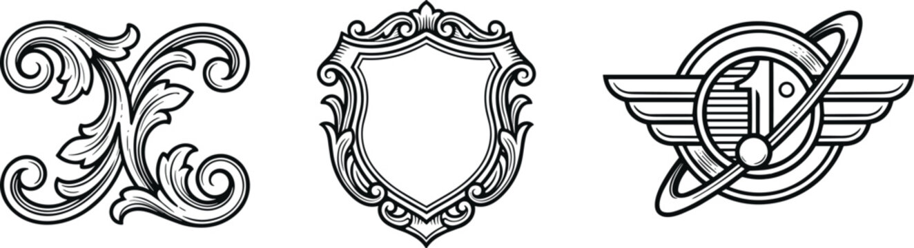 Ornate vintage flourish and decorative crest shield with aviation emblem.