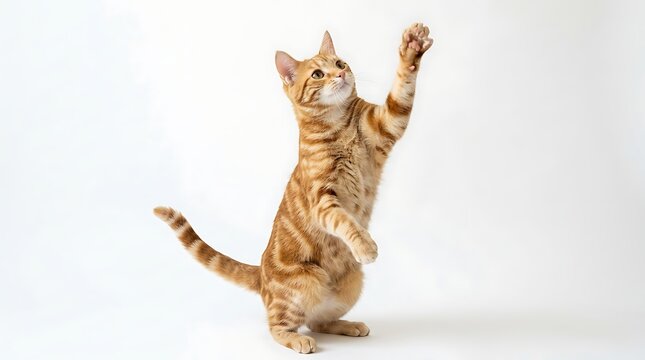 orange tabby cat reaching up with paw isolated on white background