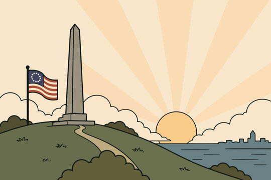Betsy ross flag waving near washington monument at sunset