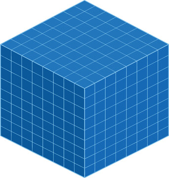 Three-dimensional isometric blue cube composed of smaller unit blocks isolated on plain white background for mathematics volume and spatial reasoning educational templates