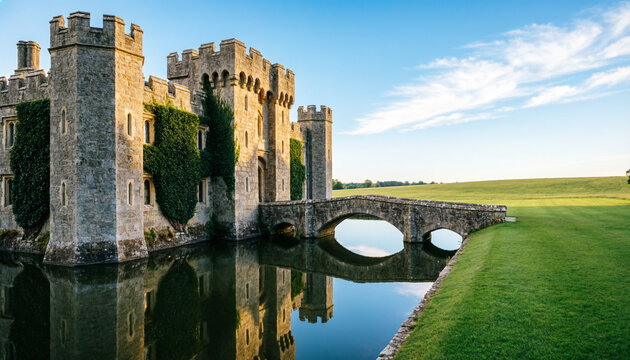 english castle with a moat, stone bridge, and ivy-covered walls