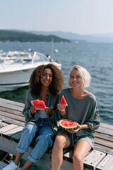 Obraz premium Two women sharing watermelon on a wooden dock by a boat at the lake for summer banner and lifestyle background