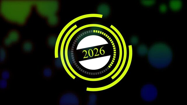 Futuristic 2026 New Year Countdown HUD Animation on Bokeh Background, Yellow Digital Interface Circular Loading Ring, Sci-Fi Technology Counter Element for Corporate Events and Tech whit 4k video.