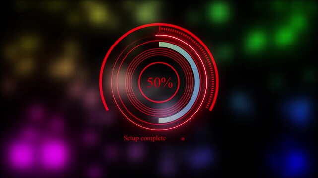 Red HUD Circular Progress Bar Animation with Percentage Counter 5 to 94 Percent,Colorful Bokeh Background,Futuristic Tech Interface Status Loading Ring with Setup Complete Text Indicator,whit.