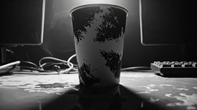 Low angle shot of a coffee cup on a messy desk with computer monitors and keyboard under a bright light