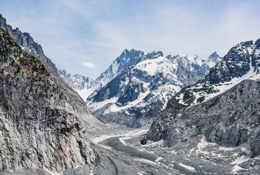 Mer de Glace glacier winding through the Mont Blanc massif in the French Alps