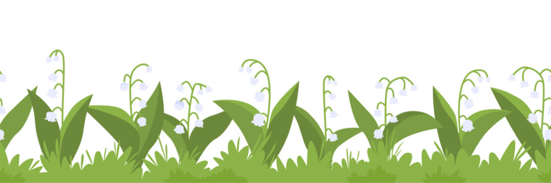 Seamless vector border with hand drawn lily of the valley flowers on white background. For seasonal designs, wallpapers and banners etc.