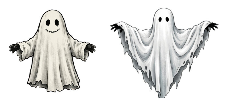 Two cartoon ghosts isolated on transparent background