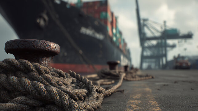 Close-up of a thick coiled mooring rope wrapped around a worn dock bollard with a massive container ship hull looming behind