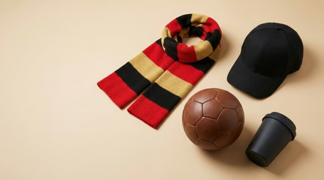 Football fan accessories with scarf, cap, ball, and coffee cup on beige background