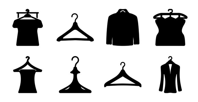 Black clothing items on hangers icon set - Minimalist black silhouette icons of dresses, coats, and hangers for fashion or apparel design projects.