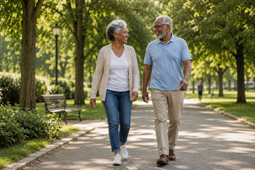 Obraz premium Seniors walk together in park enjoying sunny day with trees and benches nearby