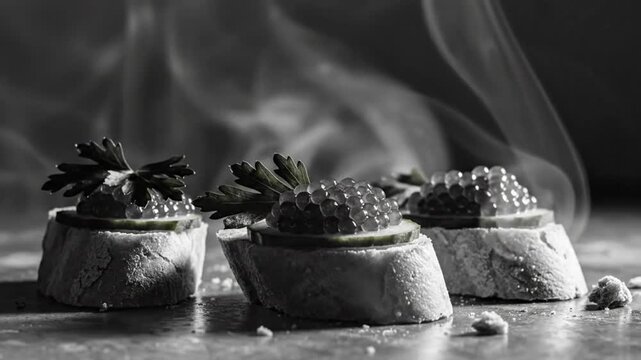 Black and white close up of caviar appetizers on bread, garnished with parsley with blurred smoke background