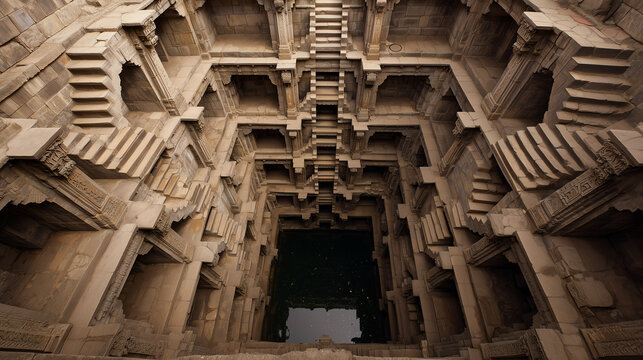 Looking upward through the ornately carved sandstone tiers of a deep Indian stepwell toward a small and bright opening of sky