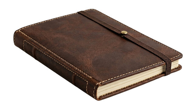 Premium leather notebook closed, realistic office stationery on isolated transparent background