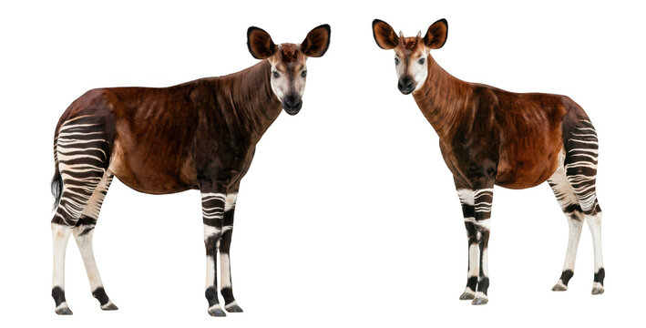 Two okapis standing side by side isolated on transparent background