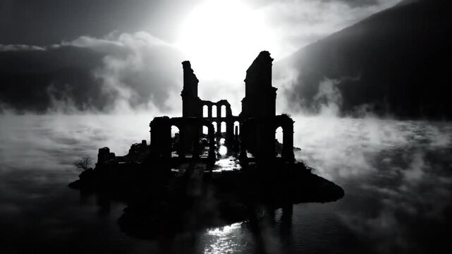 Spooky ruined castle on an island with fog and sun rays, black and white gothic fantasy scene