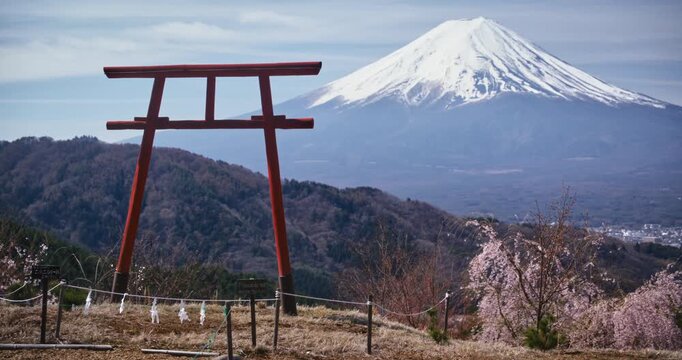Steady cam wide shot of tall torii gate on hill with beautiful view of legendary Mt. fuji in distance