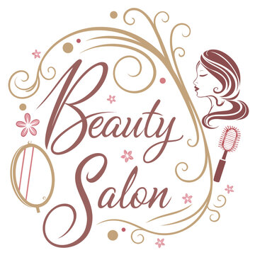 Beauty salon emblem with stylized female profile and hair styling tools cosmetics feminine hairdresser hairstyle