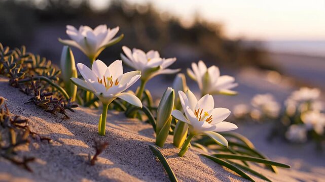 Delicate white flowers blooming in sandy coastal dunes