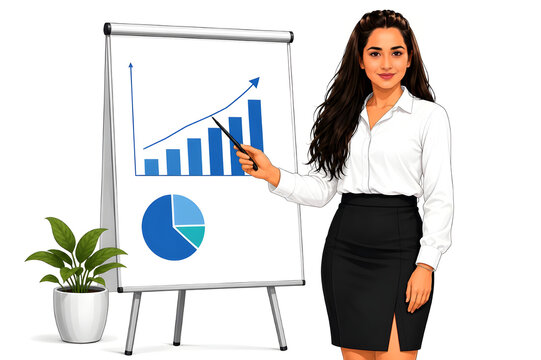 Professional Businesswoman Presenting Information Isolated on White Background, Corporate Female Character Illustration