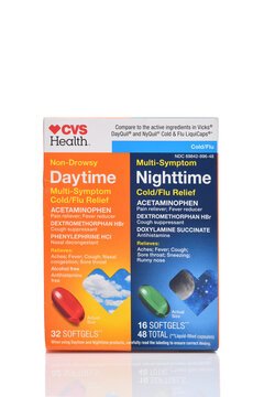 IRVINE, CALIFORNIA - 05 JUNE 2026: A box of CVS Health Daytime and Nighttime Cold and Flu Relief gels.