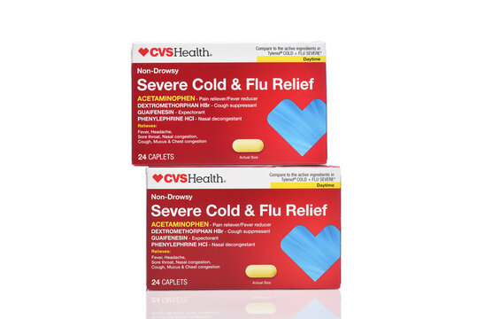 IRVINE, CALIFORNIA - 05 JUNE 2026:Two boxes of CVS Health non-drowsey Severe Cold and Flu Relief Caplets.