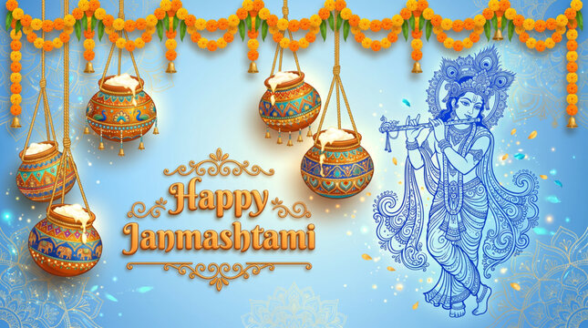 Festive dahi handi decorations with Krishna silhouette for Janmashtami celebration greeting banner