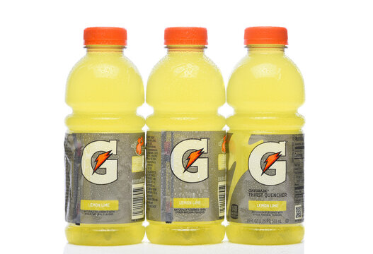 IRVINE, CALIFORNIA - 05 JUNE 2026: Three bottles of Gatorade Lemon Lime Sports Drink.