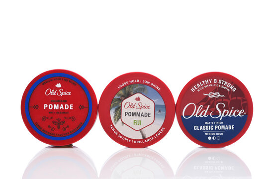 IRVINE, CALIFORNIA - 05 JUNE 2026: Three different Old Spice Pomade canisters.