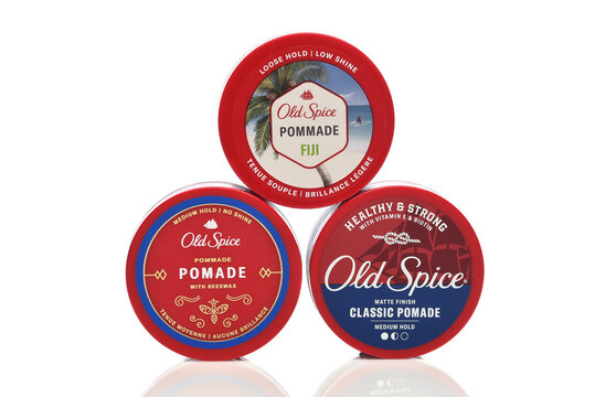 IRVINE, CALIFORNIA - 05 JUNE 2026: Three different Old Spice Pomade canisters.