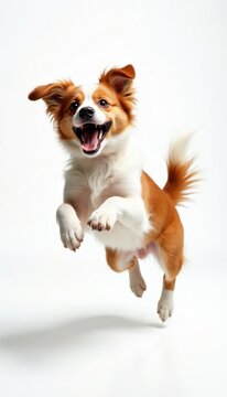 Playful brown and white dog leaps high in air. Energetic canine shows happy expression, open mouth, tongue out, ears alert. Active dog, joy, fun, movement.