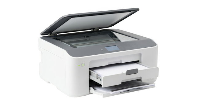 Modern white multifunction laser printer with scanner lid open isolated on transparent background