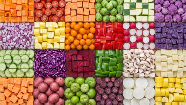 Vibrant flat lay of whole, sliced, and cubed raw vegetables arranged in a precise grid of squares, featuring a rainbow assortment of produce like tomatoes, peppers, and cabbage.