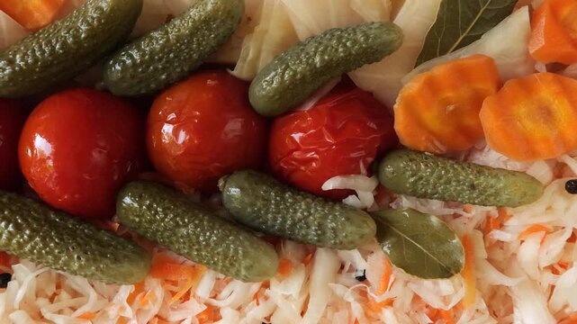 Assortment of pickled vegetables slowly moving close-up