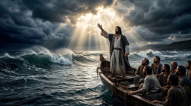 Jesus Christ Calms the Violent Storm on the Sea of Galilee Disciples in Awe Divine Light