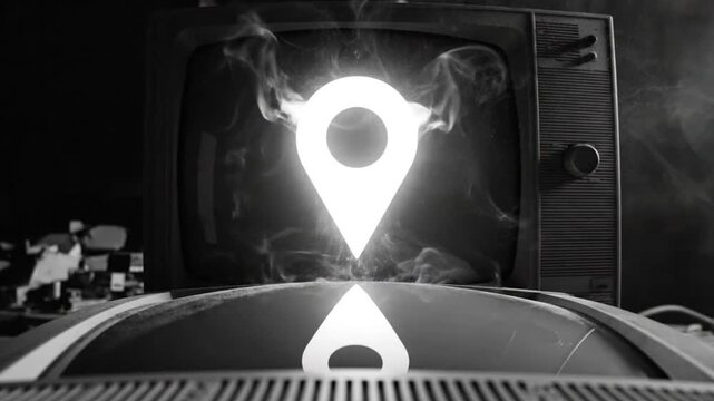 Black and white vintage television with map pointer icon and smoke visual effects for technology concept
