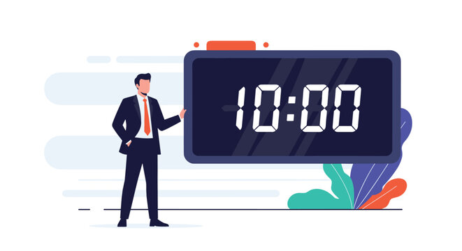 Professional businessman in a formal suit standing next to a large dark digital alarm clock displaying the time as exactly ten o-clock.