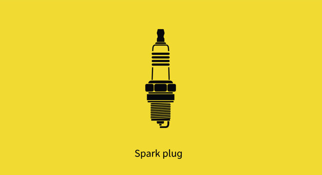 Simple black silhouette icon of a spark plug with text below it isolated on a vibrant yellow background for automotive themes.
